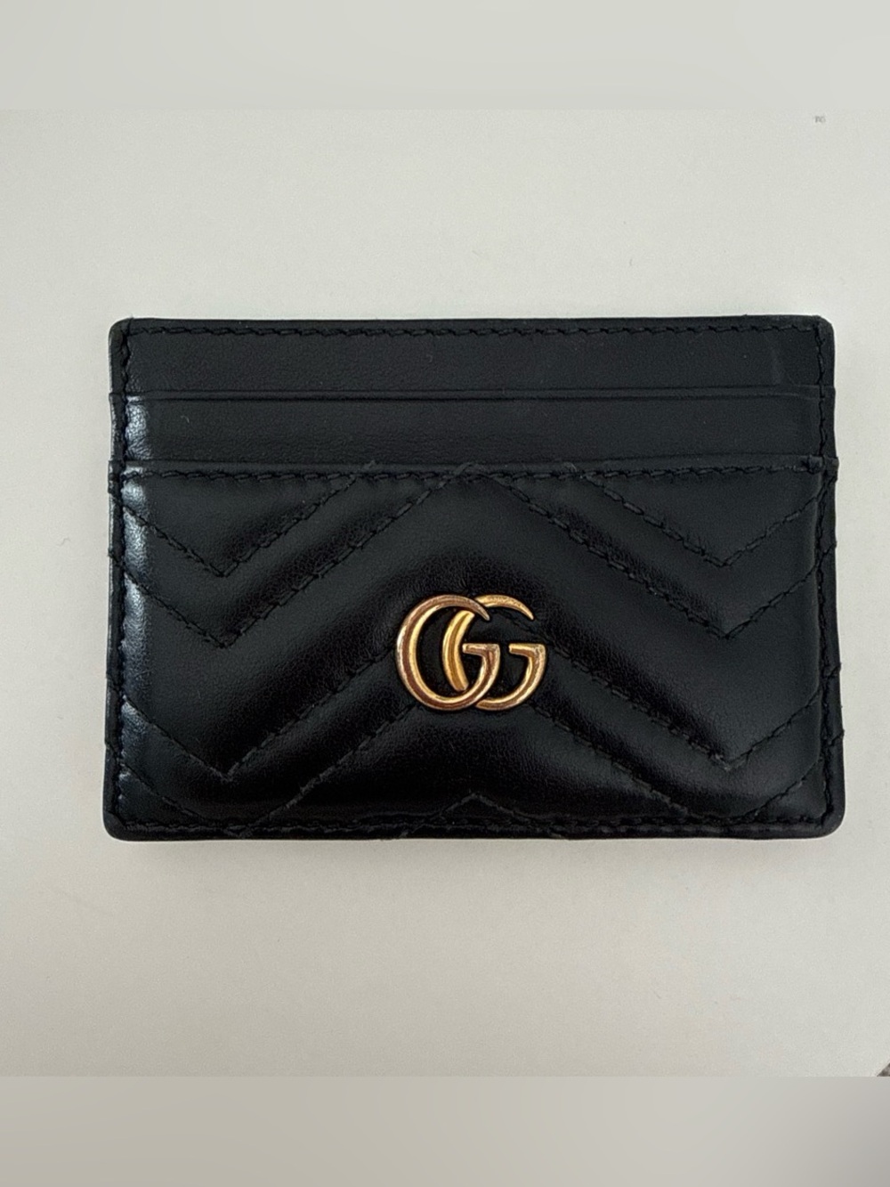 Gucci Black Leather GG Marmont Card Holder with Gold Logo